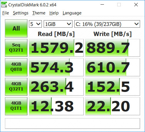Tốc độ đọc và ghi của Acer Swift 5 Air Edition đo được trên Crytal DiskMart