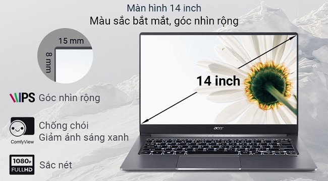 Viền màn hình trên Swift 3S gần như là tràn viền mang lại môi trường làm việc rộng hơn