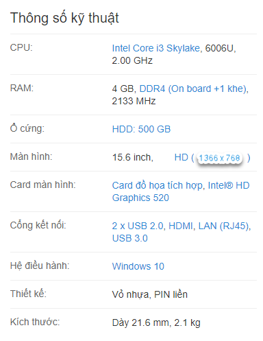 Thông số kĩ thuật của dòng laptop Acer A3