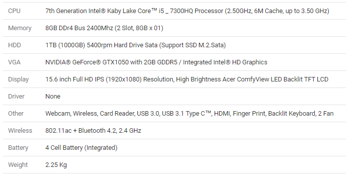 Thống số kĩ thuật của laptop Acer A7