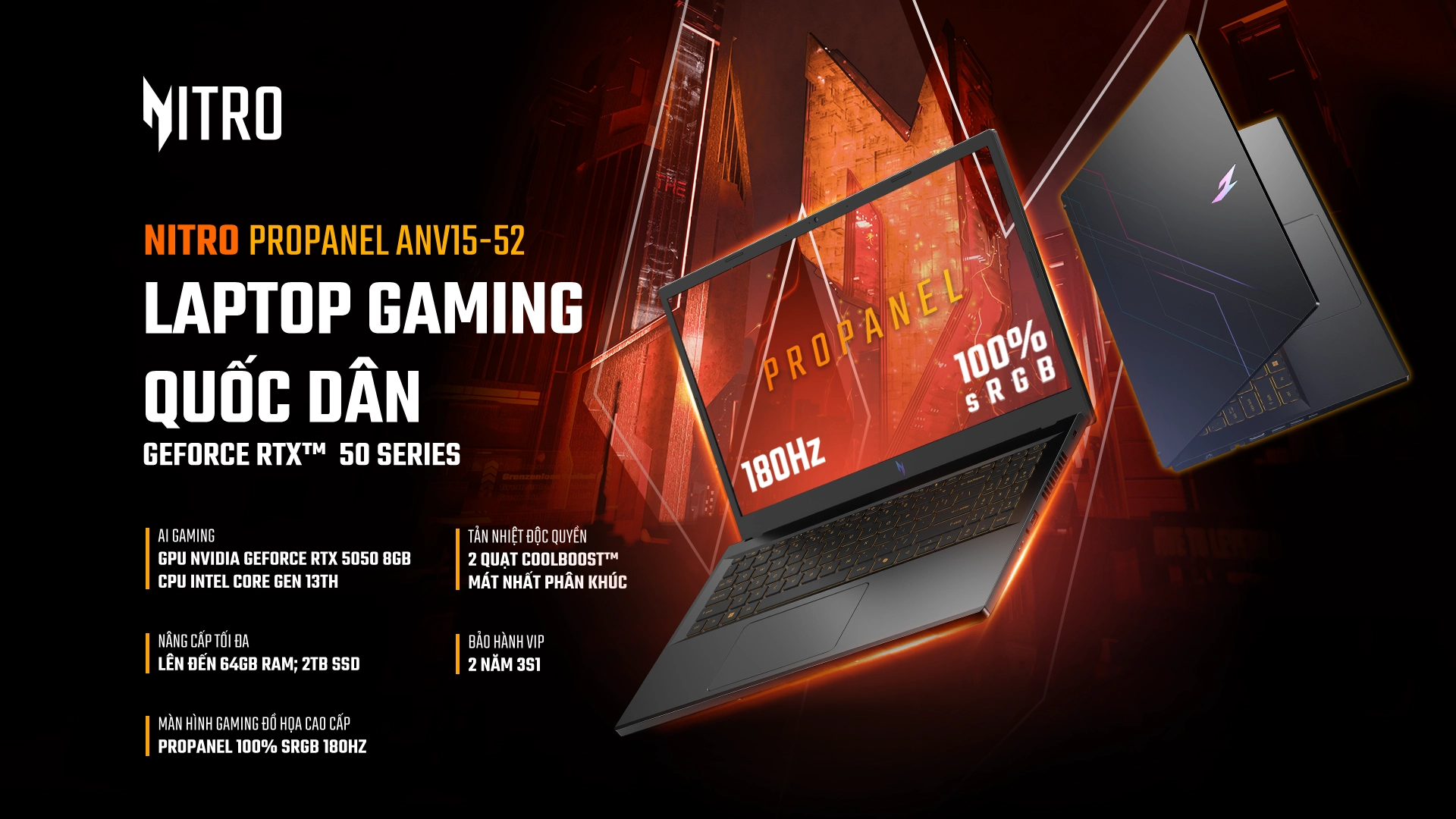 Acer Gaming Nitro ProPanel ANV15-52 - Laptop Gaming Quốc Dân 2025-2026 RTX 5050 Màn Hình 180Hz 100 sRGB - KV
