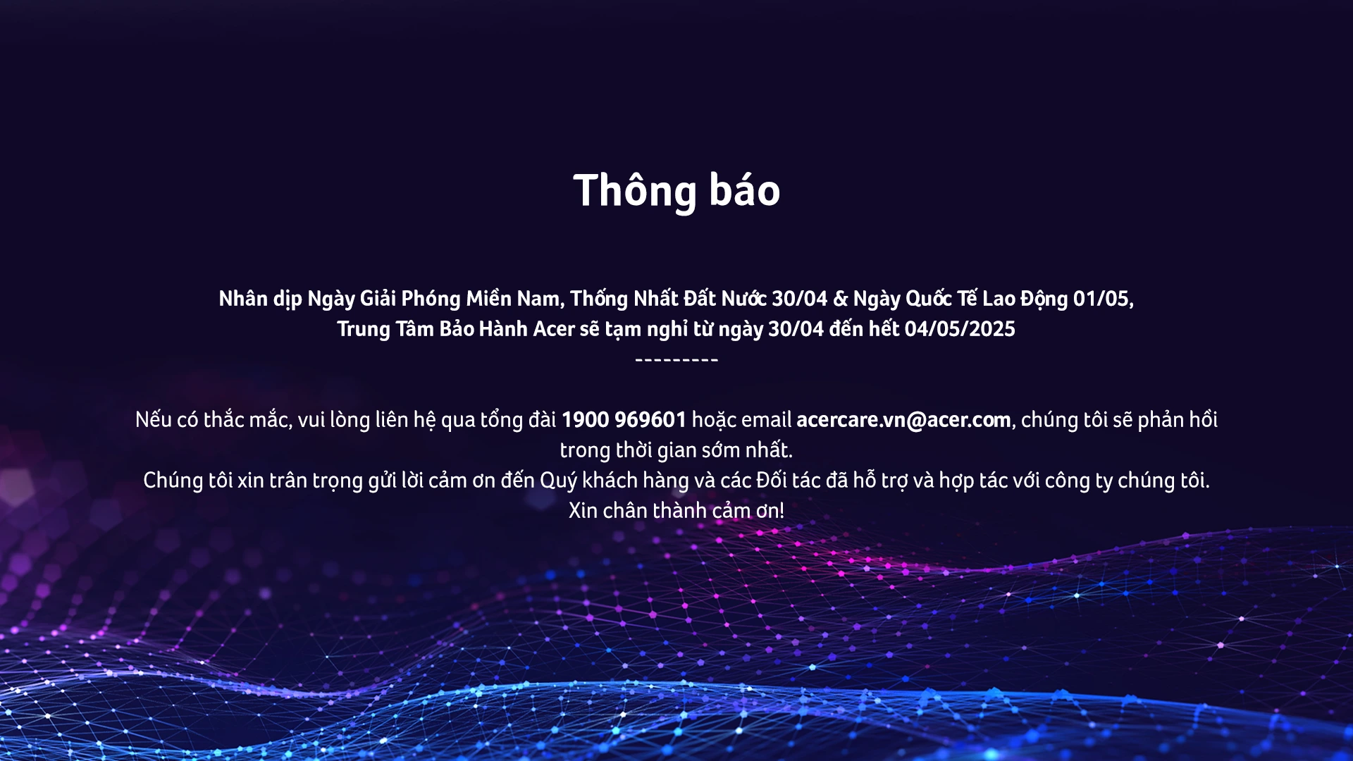 Trung Tâm Bảo Hành Acer Thông Báo Nghỉ Lễ 30.04-01.05-2025 - Acer Việt Nam