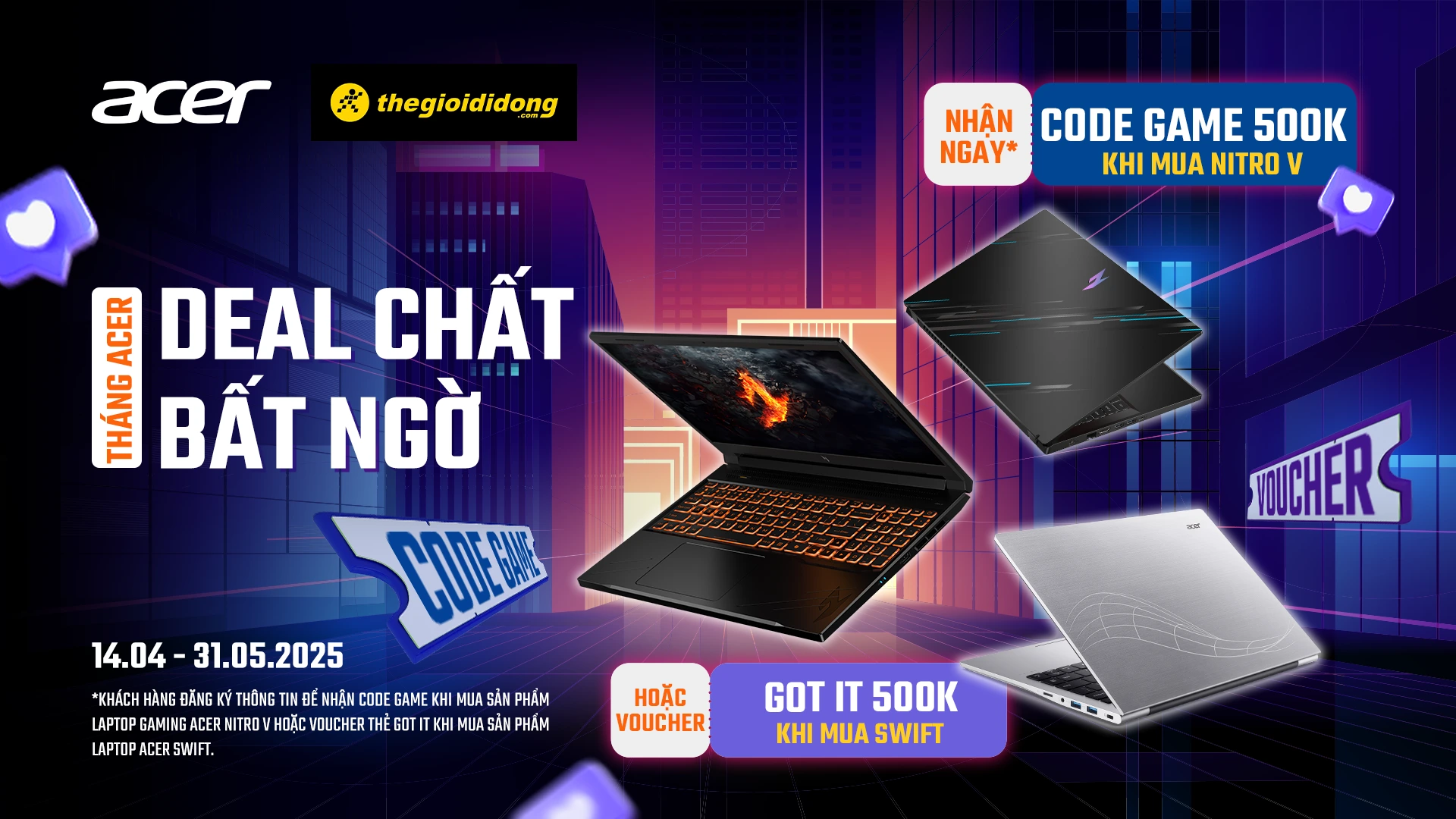 Ưu Đãi Độc Quyền Thế Giới Di Động - Mua Laptop Gaming Nitro V & Swift Nhận Thẻ Game & Mua Sắm 500K - Acer Việt Nam
