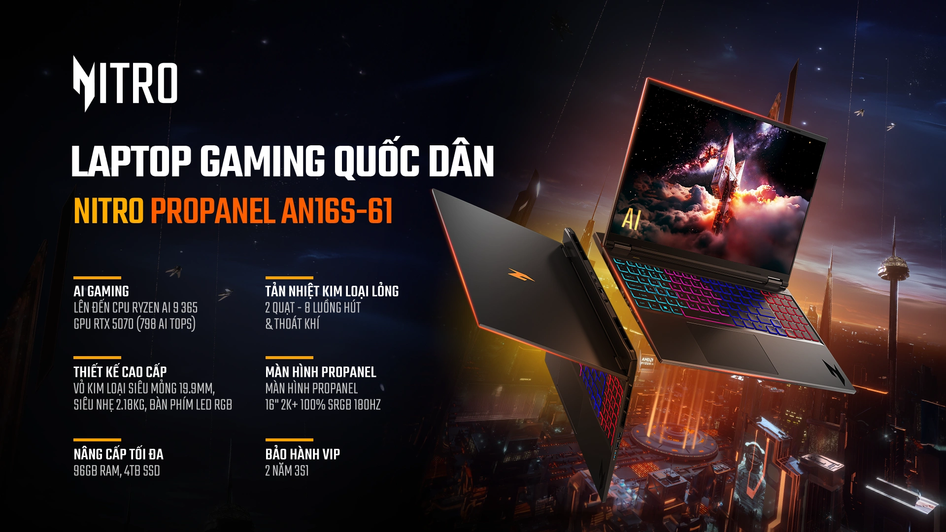 Acer Gaming Nitro ProPanel AN16S-61 - Laptop Gaming Quốc Dân Mỏng Nhẹ Cao Cấp Màn Hình 100 sRGB GeForce RTX 50