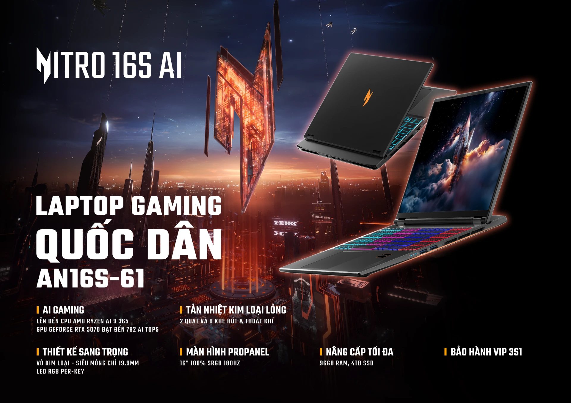 Acer Gaming Nitro 16S AI ProPanel AN16S - Laptop Gaming Quốc Dân Mỏng Nhẹ Cao Cấp RTX 5060 RTX 5070 180Hz 100 sRGB - KV