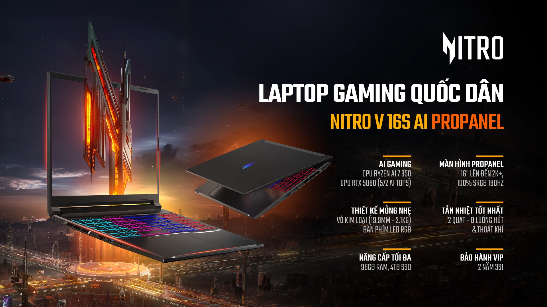 Acer Gaming Nitro V 16S AI ProPanel ANV16S - Laptop Gaming Quốc Dân 2025 Mỏng Nhẹ, RTX 5060, Màn Hình 180Hz 100 sRGB - Acer Việt Nam - KV