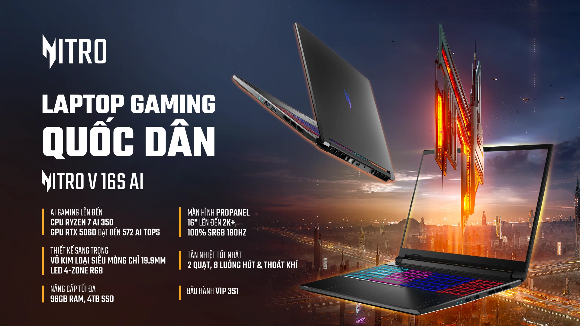 Acer Gaming Nitro V 16S ProPanel ANV16S-61 - Laptop Gaming Quốc Dân 2025 Mỏng Nhẹ, RTX 5060, Màn Hình 180Hz 100 sRGB - KV