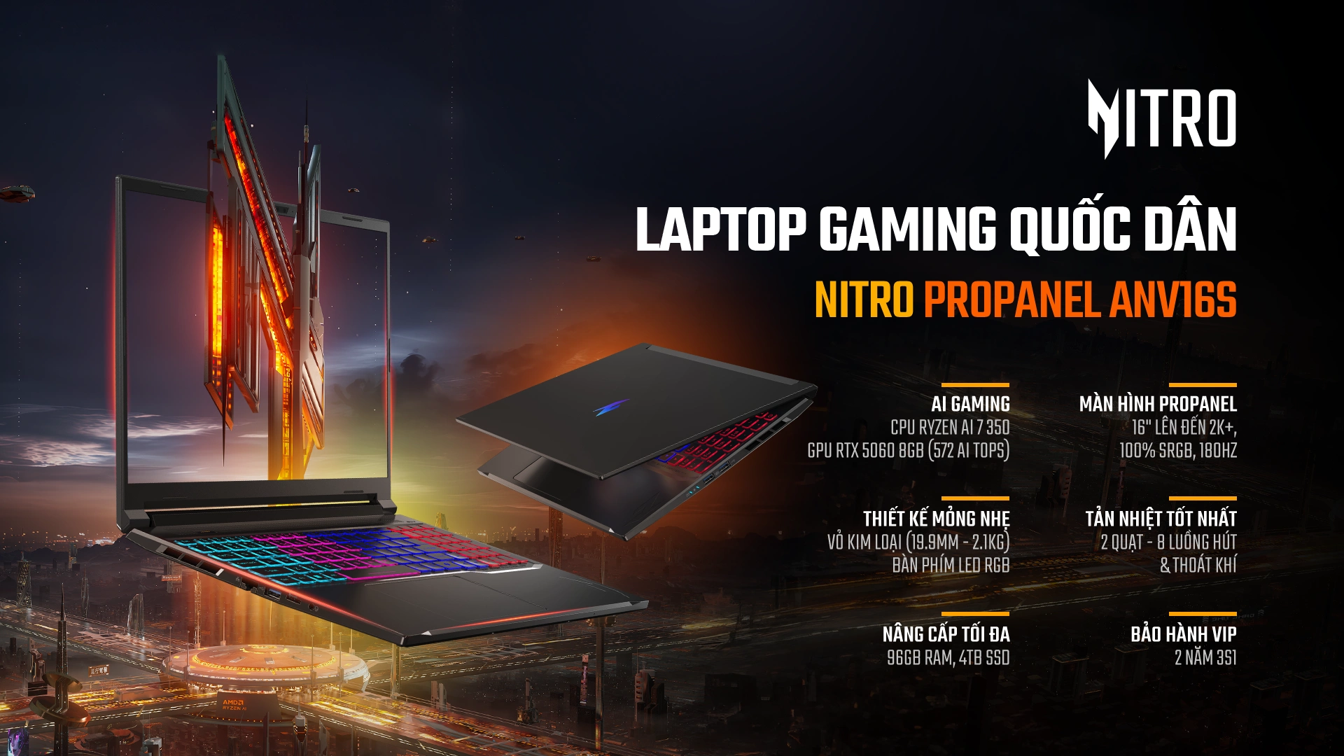 Acer Gaming Nitro V 16S ProPanel ANV16S - Laptop AI Gaming Quốc Dân Mỏng Nhẹ Màn Hình 16 Inch 100 sRGB 180Hz, GeForce RTX 50 Series - KV