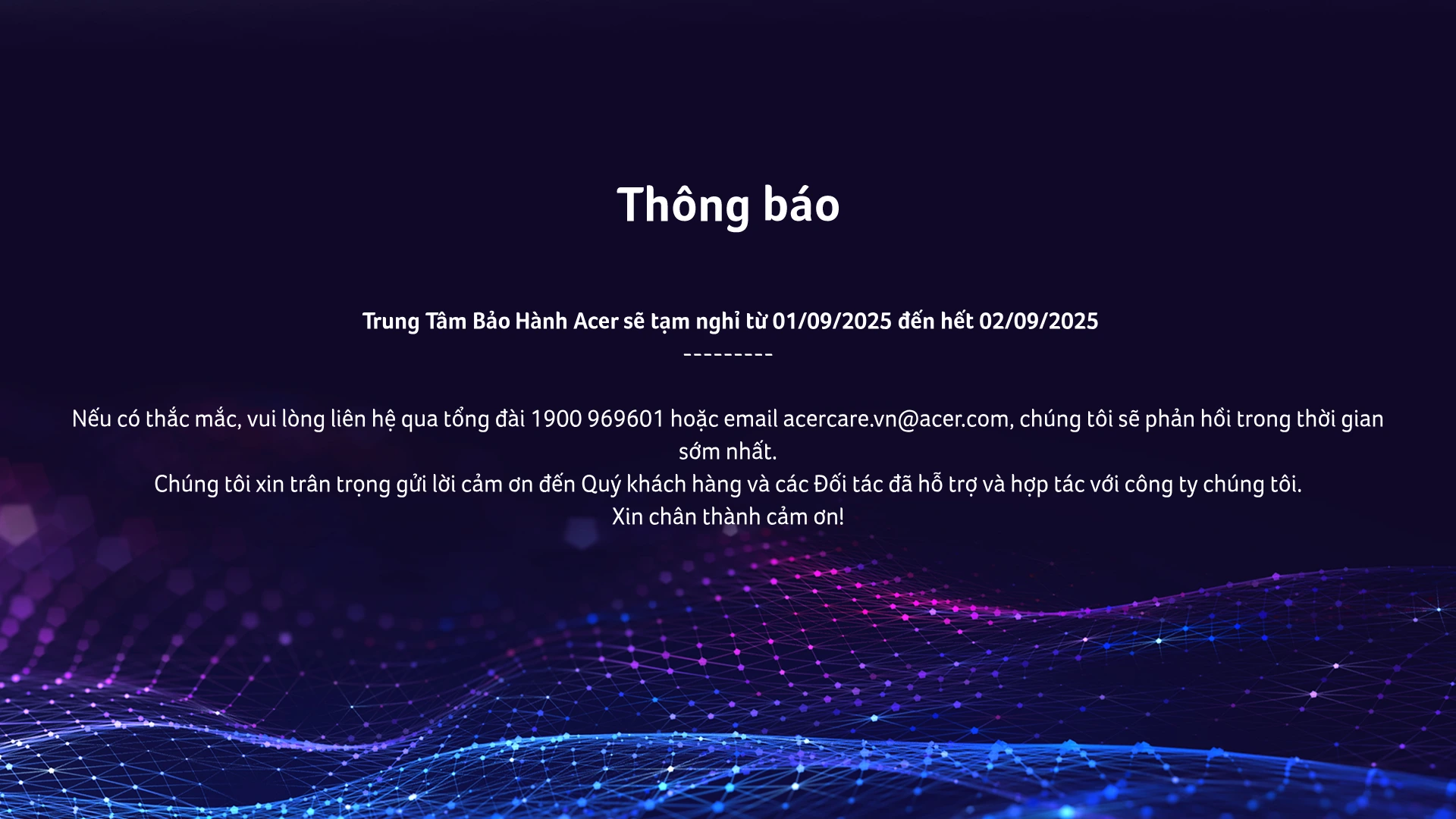 Trung Tâm Bảo Hành Acer Việt Nam - Thông Báo Nghỉ Lễ 02.09.2025 - 1920x1080