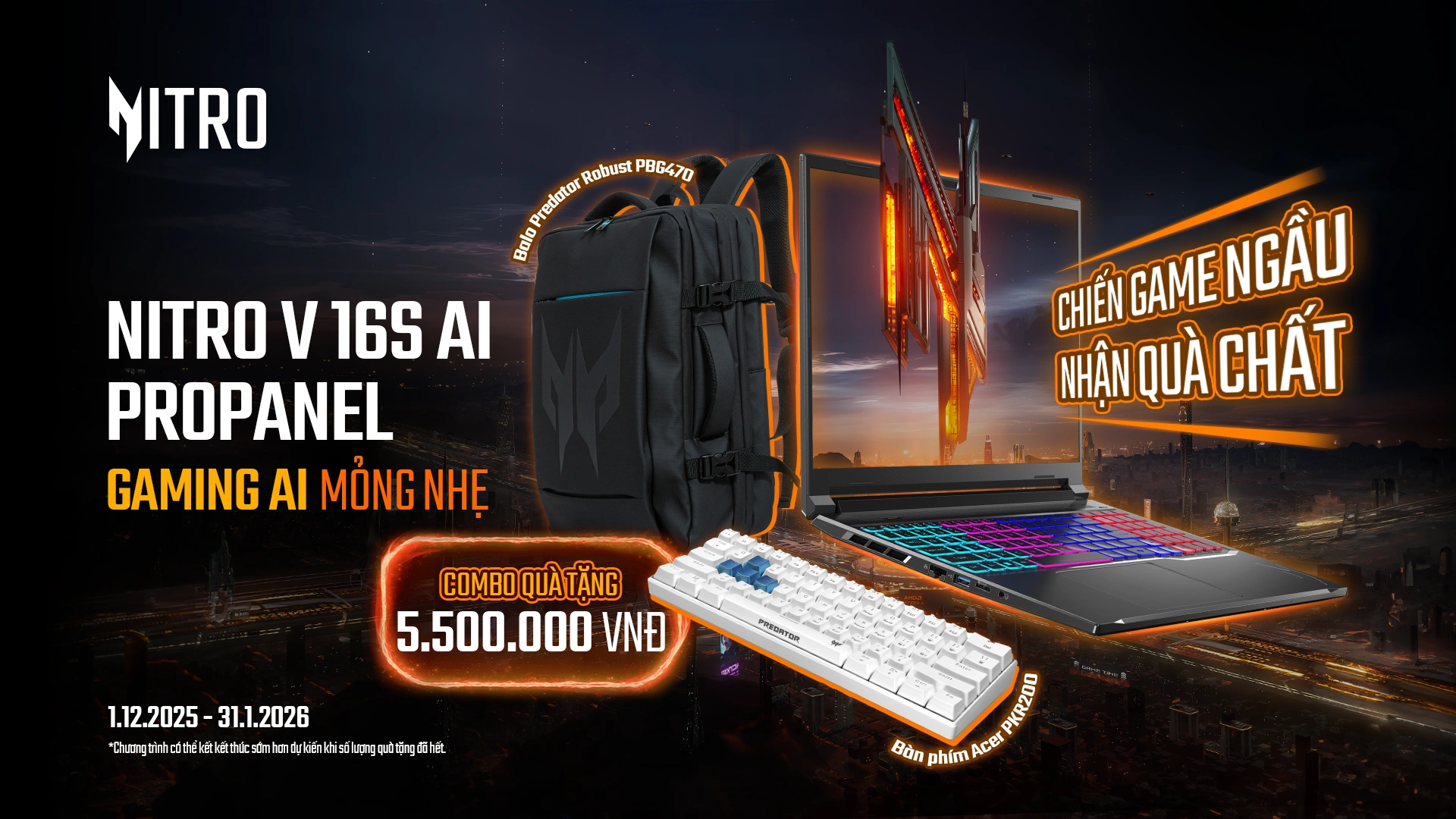 Ưu Đãi Gaming Nitro V 16S AI ProPanel - Tặng Combo Quà 5.5 Triệu Đồng (01.12.2025 - 31.01.2026) - Acer Việt Nam - KV