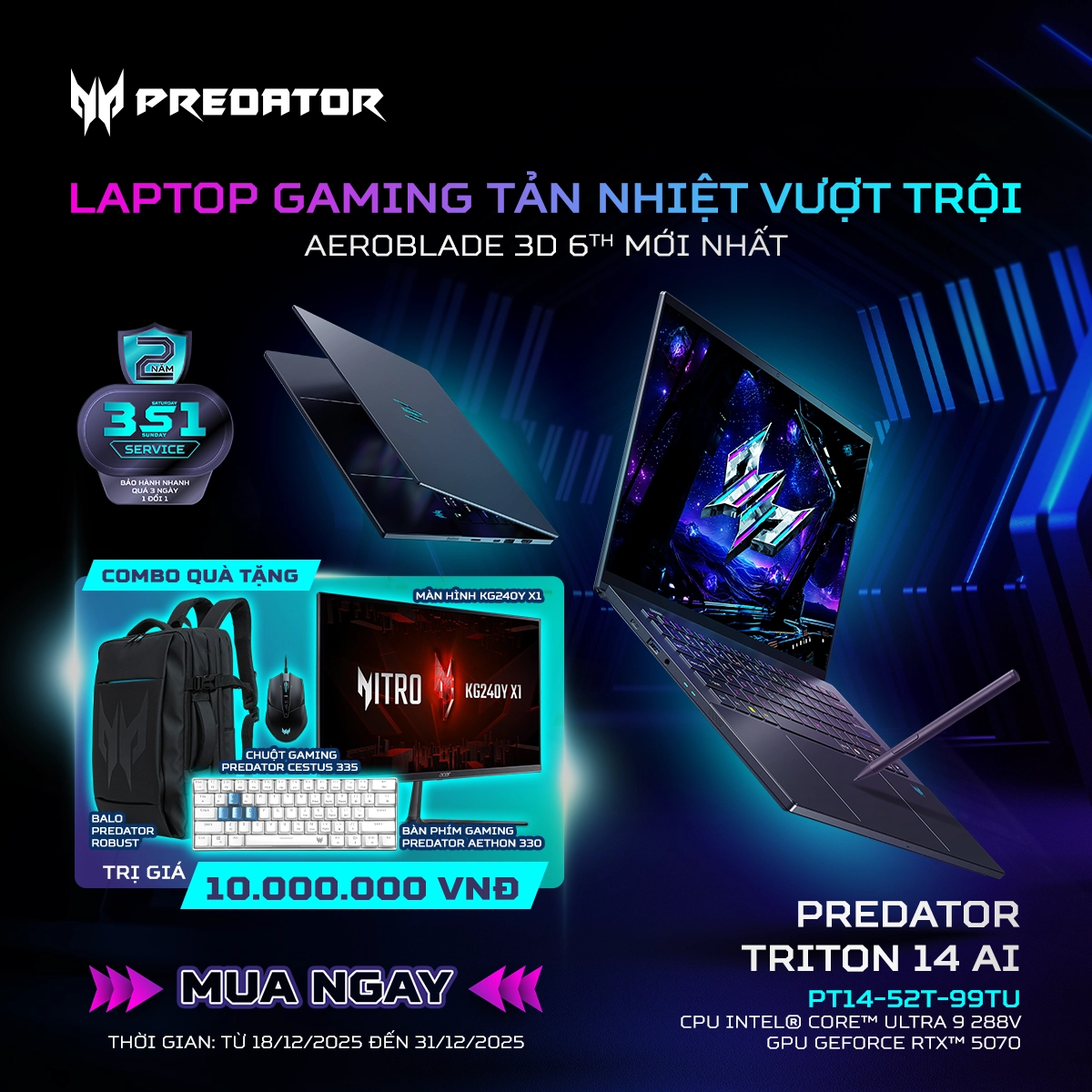Ưu Đãi Laptop Gaming Mỏng Nhẹ Cao Cấp Tản Nhiệt Vượt Trội Predator Triton 14 AI 2025 RTX 5070 - Nhận Ngay Combo Quà 10 Triệu Đồng - Acer Việt Nam - Social