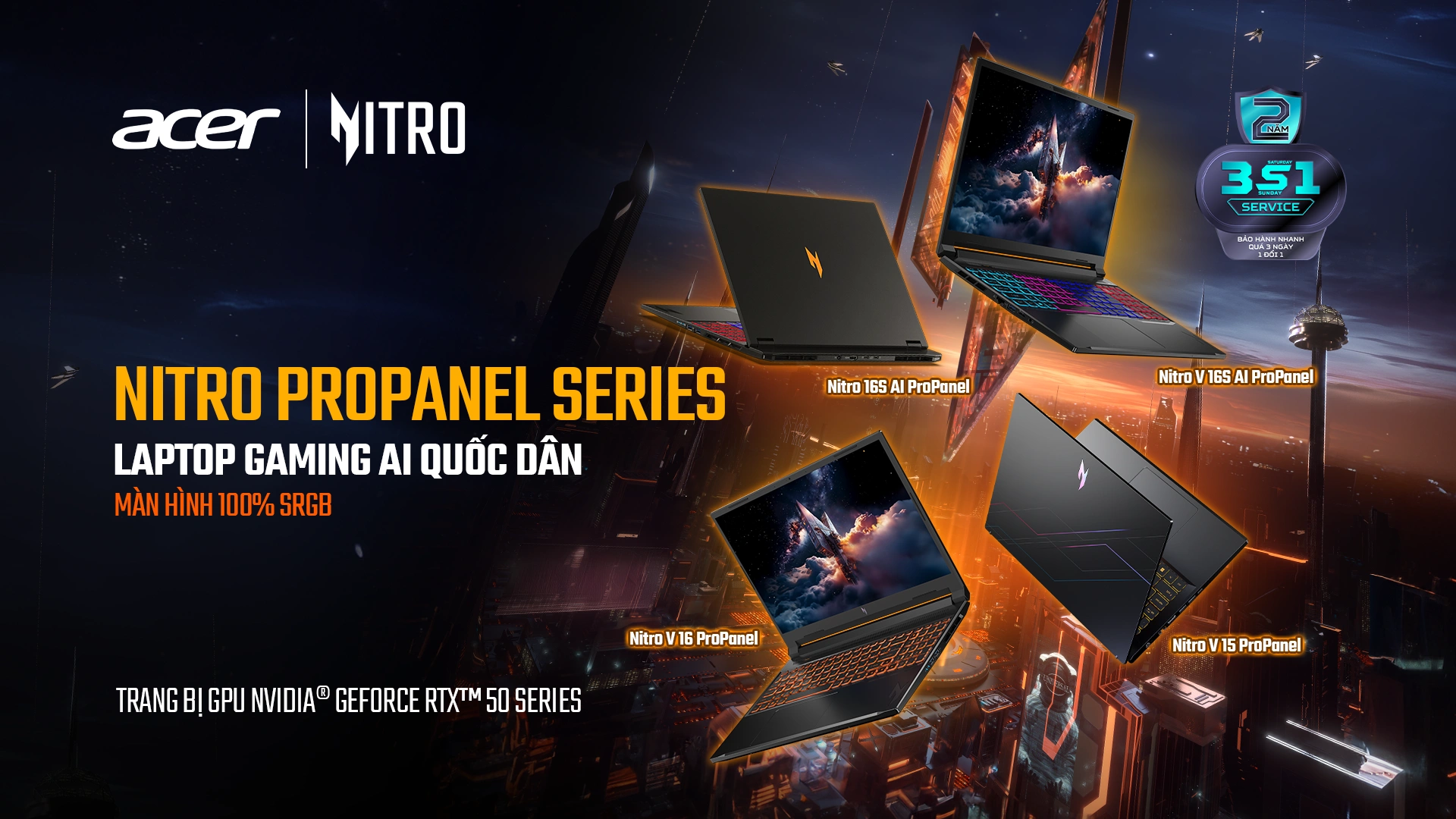 Laptop Gaming AI Quốc Dân Nitro ProPanel Series Màn Hình 100sRGB 180Hz GPU RTX 50 Series Chuẩn Gaming-Đồ Họa Cao Cấp - Acer Việt Nam