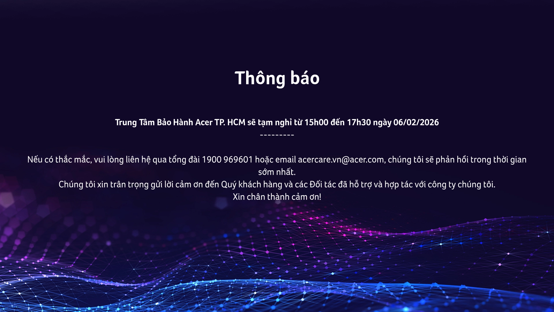 Trung Tâm Bảo Hành Acer Việt Nam - Thông Báo Nghỉ Buổi Chiều 06.02.2026