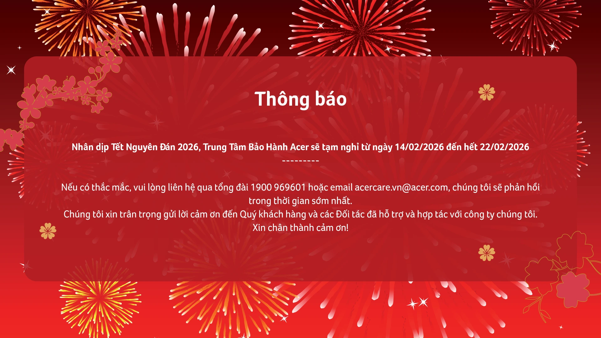 Trung Tâm Bảo Hành Acer Việt Nam - Thông Báo Nghỉ Lễ Tết Nguyên Đán 2026 - KV